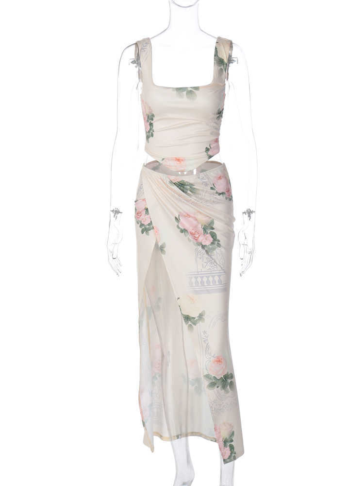 Women Elegant 2 Pcs Sets Floral Print Sexy Crop Tank Top Ruched Slit Maxi Skirt Summer Outfit Beach Festival Party