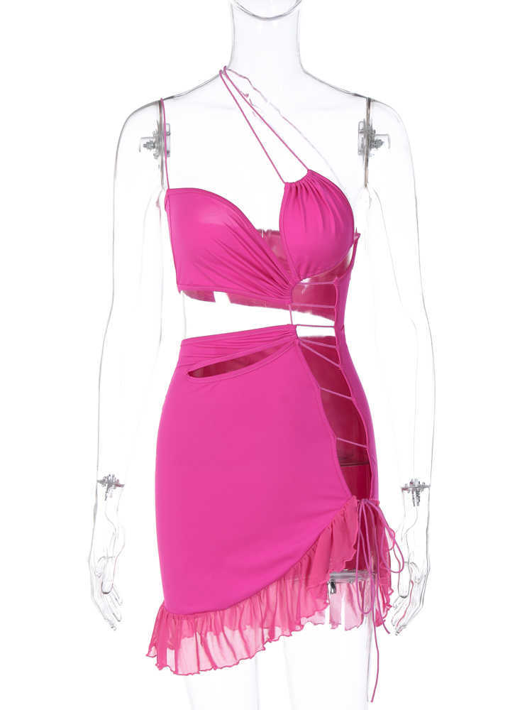 RUKAS Solid Slip Backless Ruffles Hollow Out Lace Up Sexy Slim Mini Dress 2023 Summer Women Fashion Y2K Beach Vacation Outfit