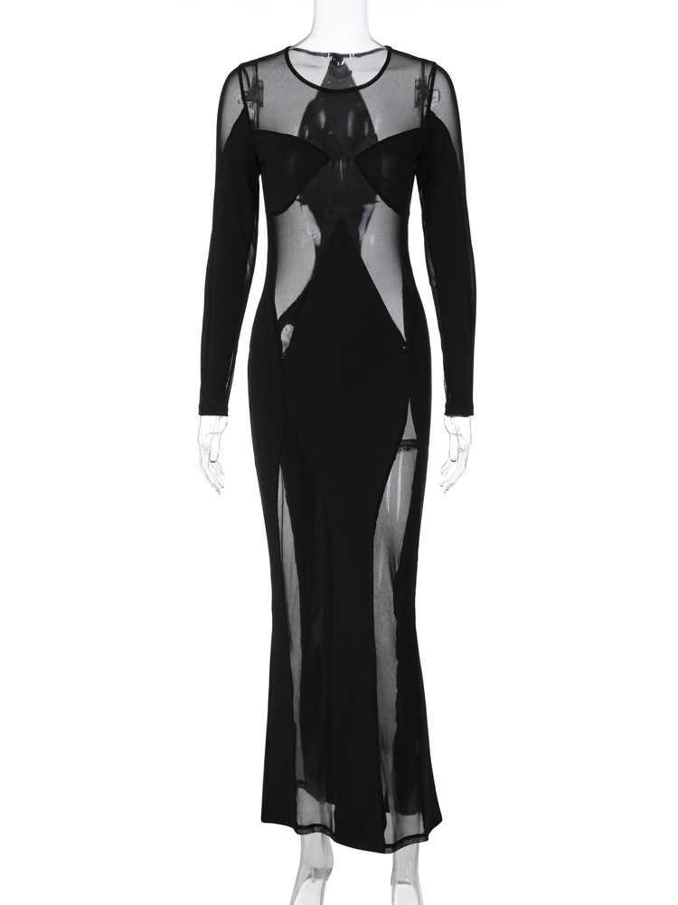 RUKAS Mesh O Neck Long Sleeve Solid Patchwork See Through Sexy Slim Maxi Dress 2023 Summer Women Y2K Beach Festival Clothes