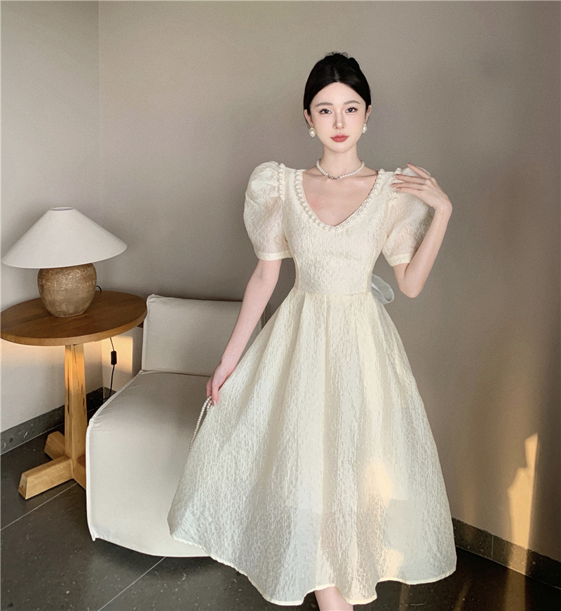 Womens puff short sleeve v-neck party dresses beading lixury design back lacing bow ball gown vestidos SML