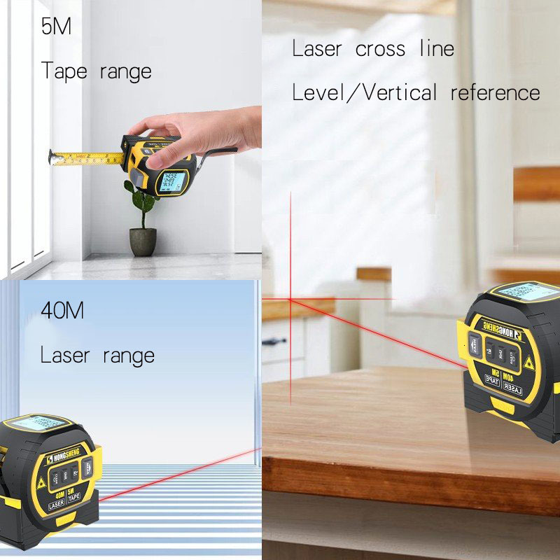 Tape Measures 3 in 1 Laser Rangefinder 5m Tape Measure Ruler LCD Display with Backlight Distance Meter Cross Line Building Measurement Device 230516