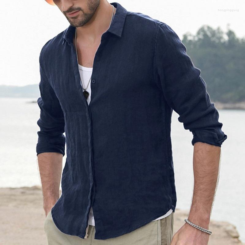 Men's Cotton En Casual Long Sleeve Button Up Shirt Baggy Tops White For Spring Autumn Streetwear