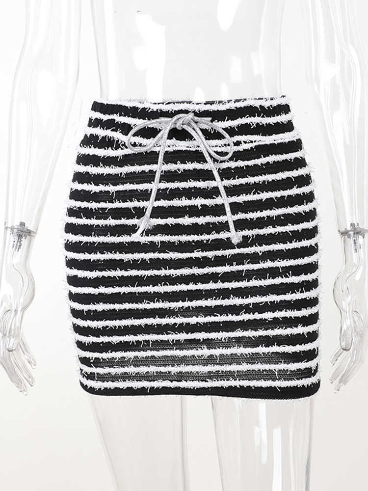 RUKAS High Waist Stripe Print Patchwork Bandage Sexy Mini Skirt 2023 Summer Fashion Outfit Streetwear Casual Biker Wholesale