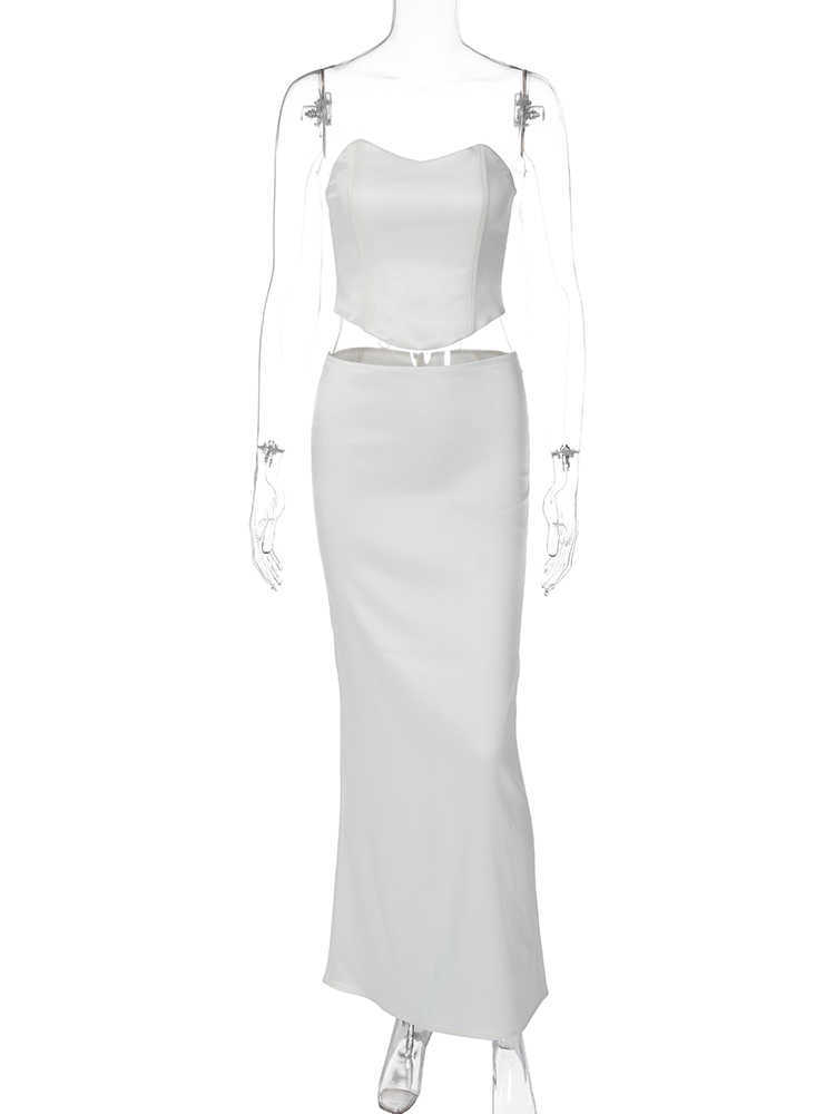 RUKAS Women Elegant 2 Pcs Sets Solid Strapless Bandage Crop Top Zip Up Maxi Skirt 2023 Summer Sexy Beach Streetwear Outfit
