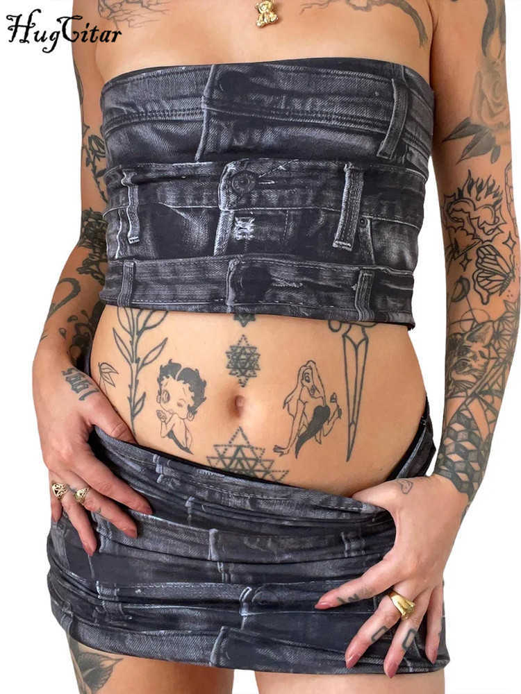 RUKAS Strapless Vintage Print Sexy Slim Crop Tube Top Skirts 2 Piece Sets 2023 Summer Fashion Y2K Streetwear Party Outfit