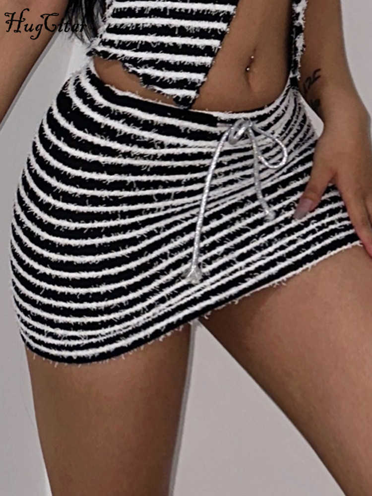 RUKAS High Waist Stripe Print Patchwork Bandage Sexy Mini Skirt 2023 Summer Fashion Outfit Streetwear Casual Biker Wholesale