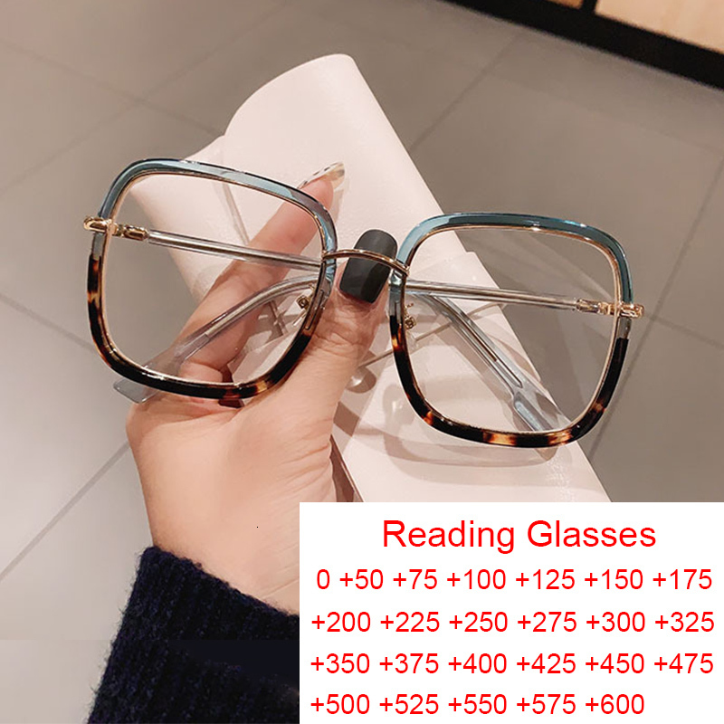 Reading Glasses Elegant Clear Green Leopard Blue Filter Eyeglasses Frame Women Overszied Square Reading Glasses Presbyopic Events Plus 1 2 6 230516