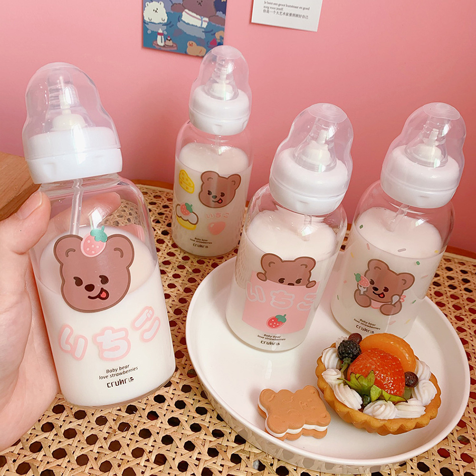 Baby Bottles# Creative Adult Nursing Bottle Cute Transparent Glass Water Bottles for Girls With Straw Portable Kids Student Drinking Bottles 230516
