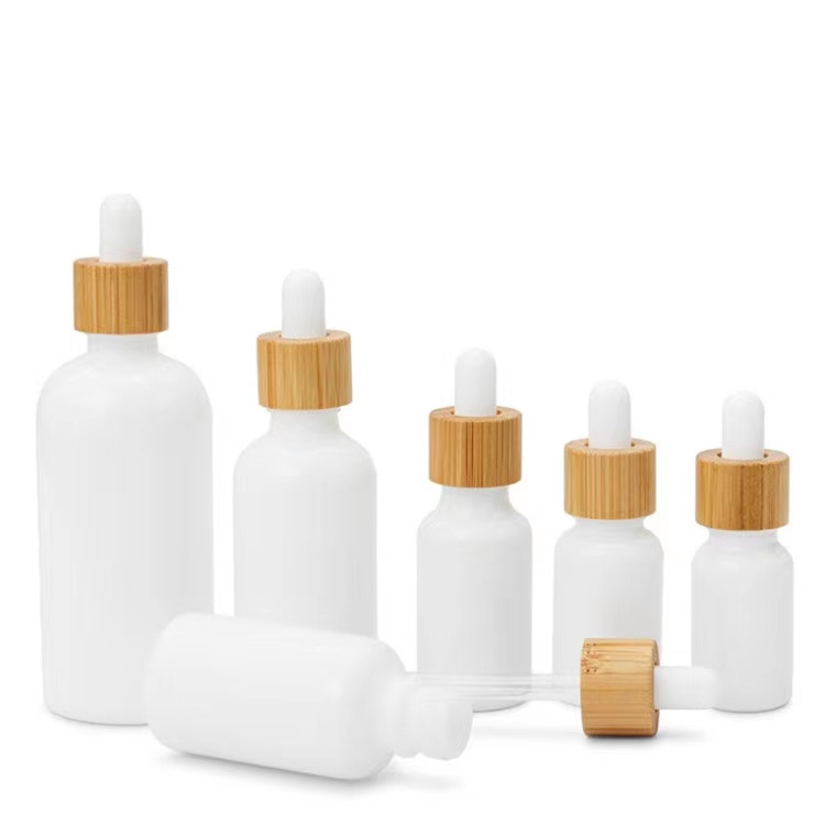 White Porcelain Glass Essential Oil Bottles Skin Care Serum Dropper Bottle with Bamboo Pipette 10ml 15ml 20ml 30ml 50ml 100ml