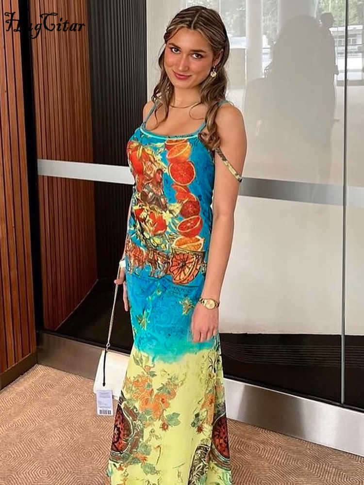 RUKAS Graphic Print Sleeveless Slips Patchwork Sexy Bodycon Maxi Dress 2023 Summer Women Y2K Beach Festival Casual Clothes