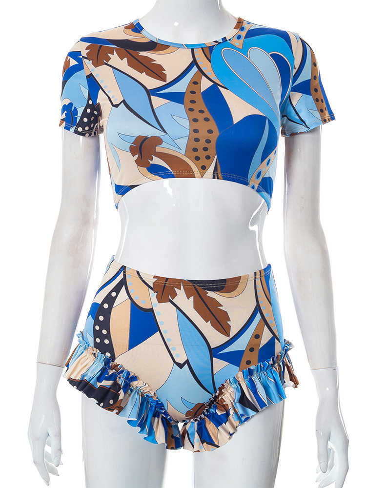 RUKAS Women Fashion 2 Pcs Sets Print Short Sleeve Sexy Crop Top Ruffles Shorts Summer Y2K Outfit Beach Vacation Nightclub