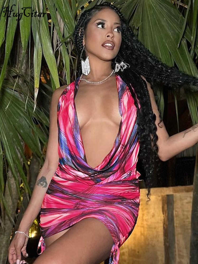 RUKAS Halter Pile Collar Backless Tie Dye Shirring Bandage Sexy Slim Mini Dress Summer Women Beach Holiday Nightclub Outfit