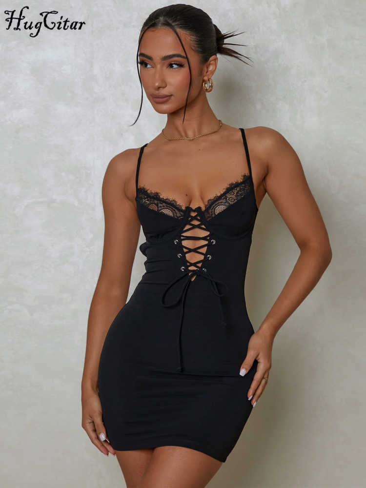 RUKAS Black Sleeveless Lace Patchwork Hollow Out Bandage Sexy Bodycon Mini Dress Summer Women Elegant Outfit Party Nightclub