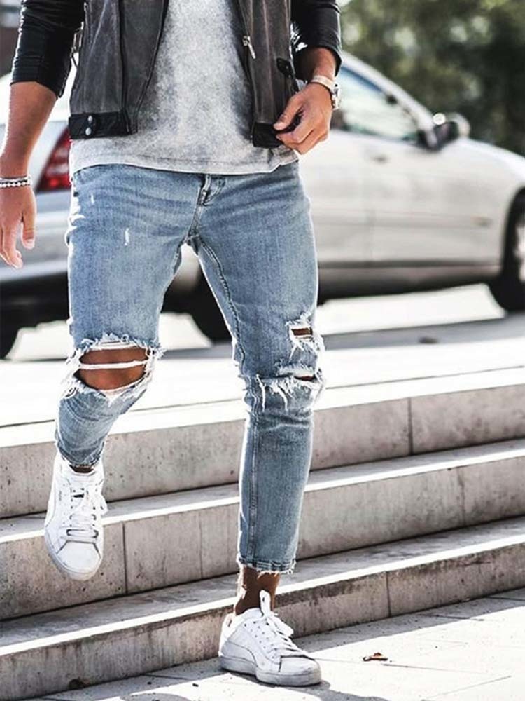 Men's Jeans Men Jeans Streetwear Knee Ripped Skinny Hip Hop Fashion Estroyed Hole Pants Solid Color Male Stretch Casual Denim Big Trousers 230516
