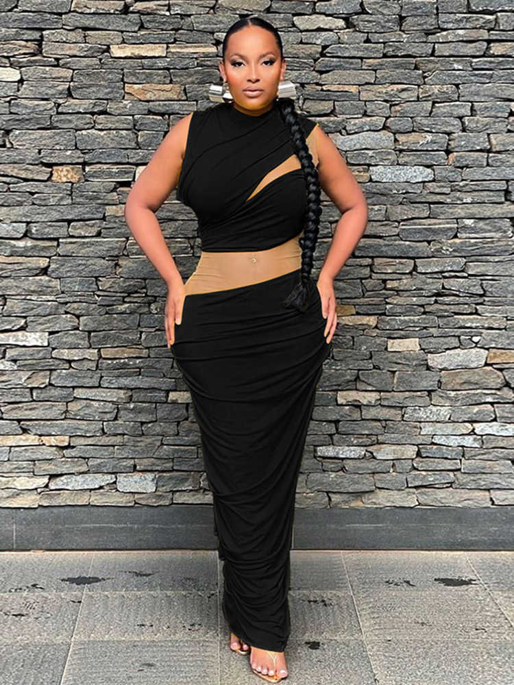 RUKAS Long Sleeves Solid Mesh Patchwork See Through Slit Sexy Bodycon Maxi Dress 2023 Summer Women Outfits Party Festival