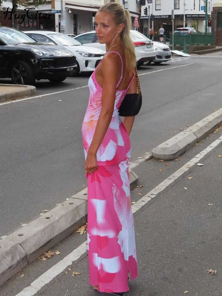 RUKAS Colorful Sleeveless Slip Floral Print Slit Sexy Bodycon Slim Maxi Dress 2023 Summer Fashion Y2K Clothes Festival Party