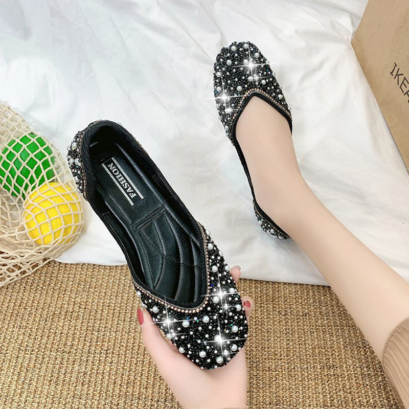 Dress Shoes Sepatu Balet Wanita Berkancing Mutiara Kristal Glitter Loafers Slip On Ujung Persegi Flat Balerina Potongan Pendek Nyaman Mokasin Perempua