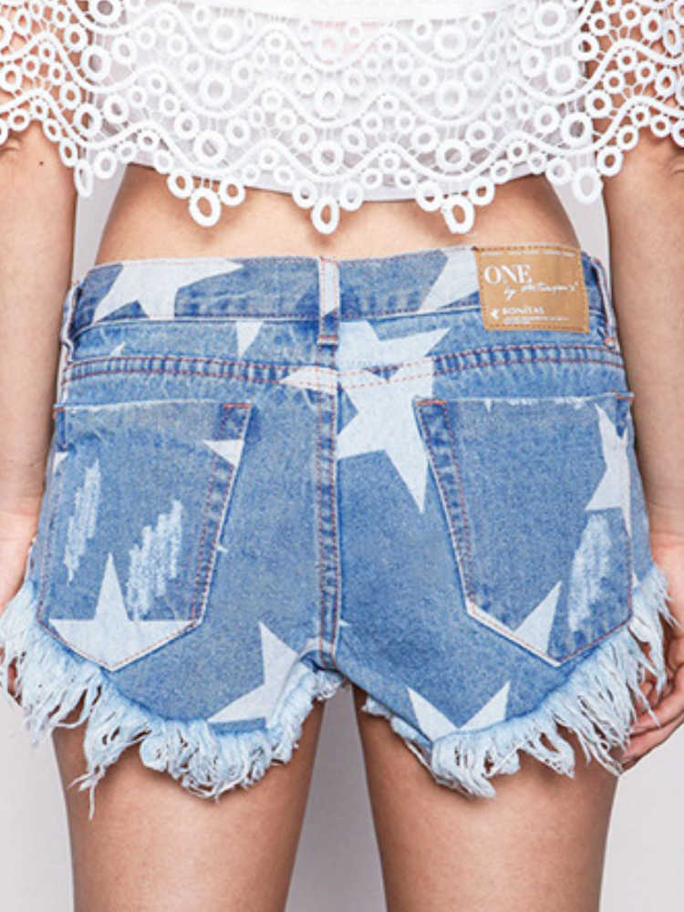 Women's Shorts Summer Casual Jeans Shorts Women Street Wear Five-pointed Star Print Denim Bottoms Tassel Y2k Korean Kawaii Short Women Clothing J