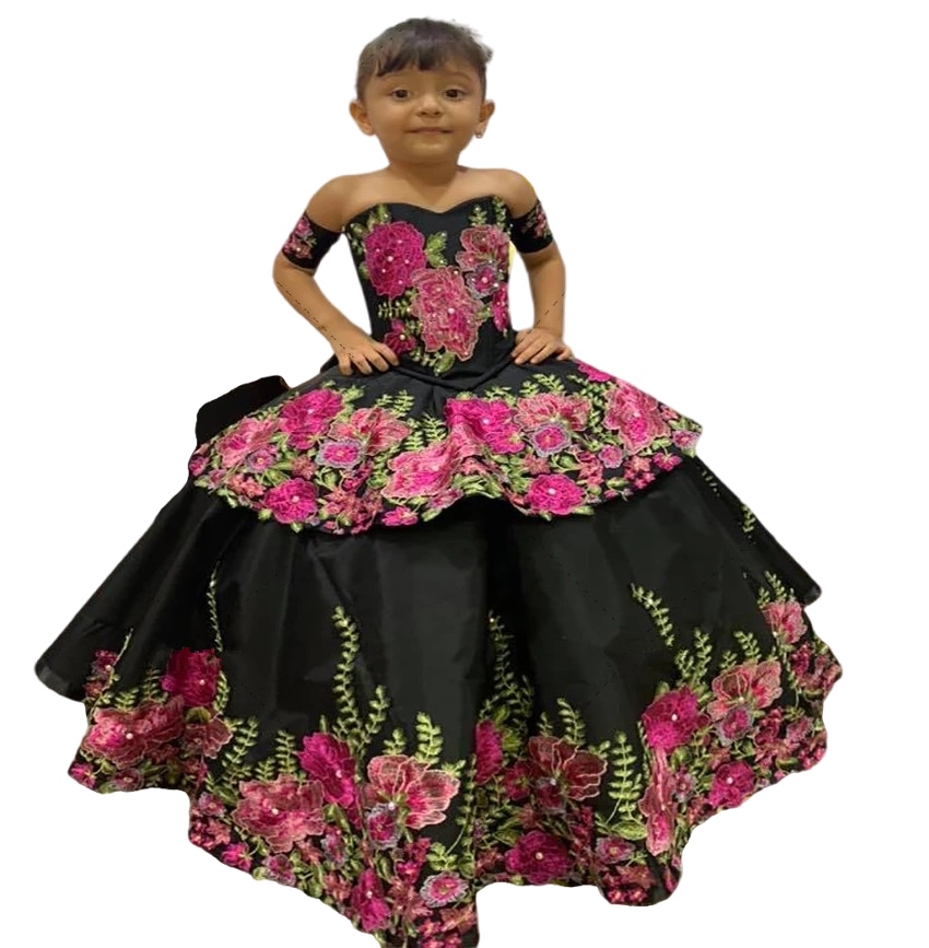 Mini Quinceanera Dresses Black Mexico Charro off shoulder Black Floral Flower Girls Dress Lace-up Girls Princess Occasion Gown