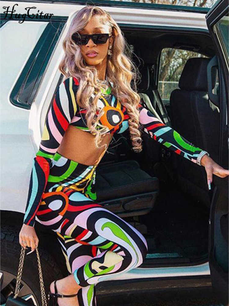 Colorful Print Long Sleeve Sexy Slim Crop T-Shirt Pants 2 Pcs Sets Summer Fashion Y2K Streetwear Club Biker Outfit