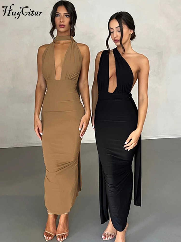 RUKAS V Neck Backless Adjustable Straps Solid Bandage Draped Slit Sexy Maxi Dress Summer Women Elegant Birthday Party Outfit