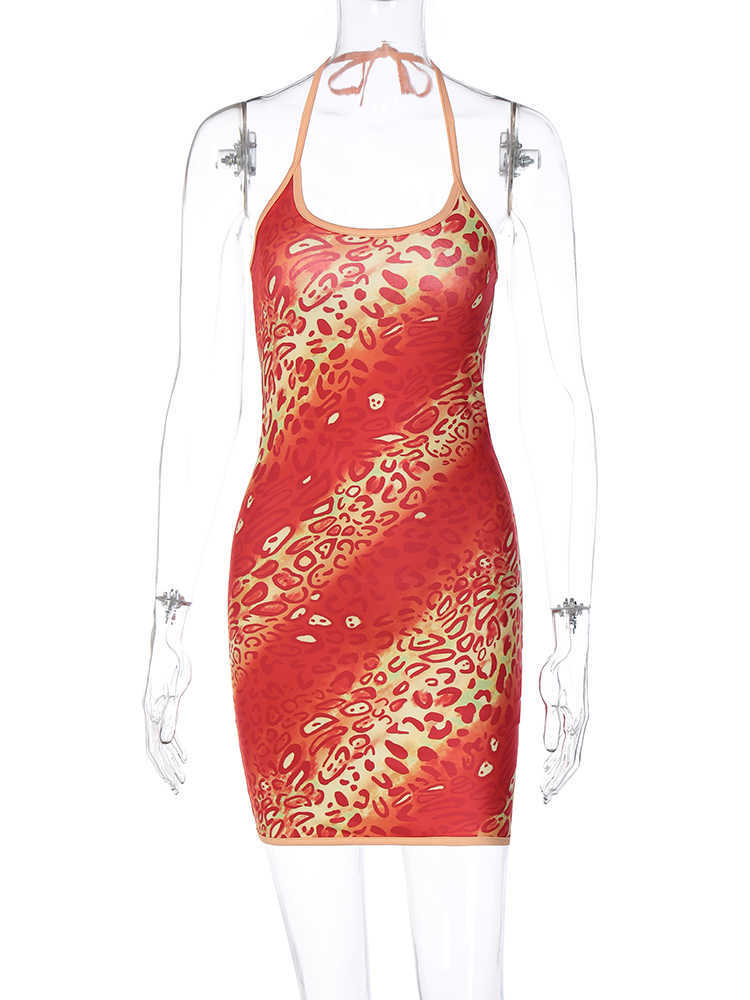 RUKAS Print Matching Color Halter Backless Lace Up Sexy Slim Mini Dress 2023 Summer Y2K Evening Party Club Streetwear Outfit