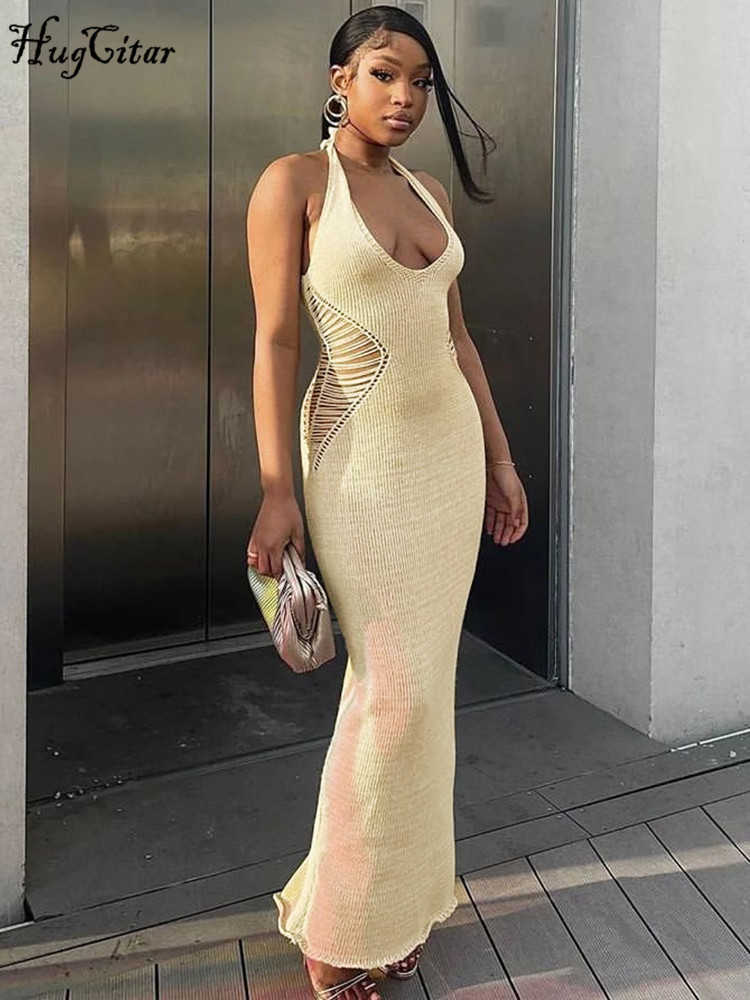 Knitted Halter Sleeveless Backless Solid Cut Out Bandage Sexy Slim Maxi Dress Summer Elegant Y2K Outfit Vacation Party