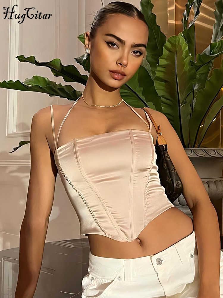 RUKAS Solid Halter Bandage Zip Up Sexy Elegant Slim Corset Crop Camis 2023 Summer Women Cute Y2K Streetwear Party Clothes