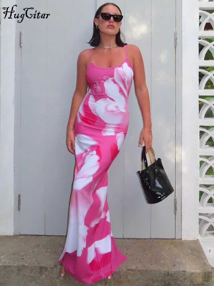 RUKAS Colorful Sleeveless Slip Floral Print Slit Sexy Bodycon Slim Maxi Dress 2023 Summer Fashion Y2K Clothes Festival Party