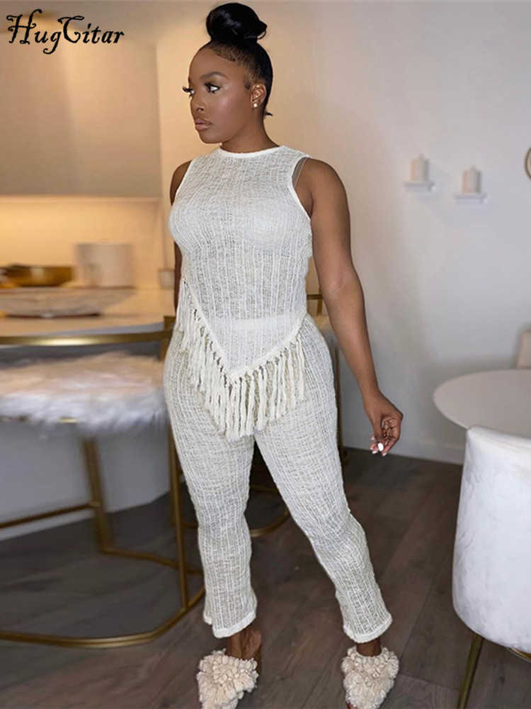Knitted Solid Tassel Irregular See Through Sexy Crop Tank Top Pants 2 Pcs Sets Summer Women Y2K Streetwear Festival