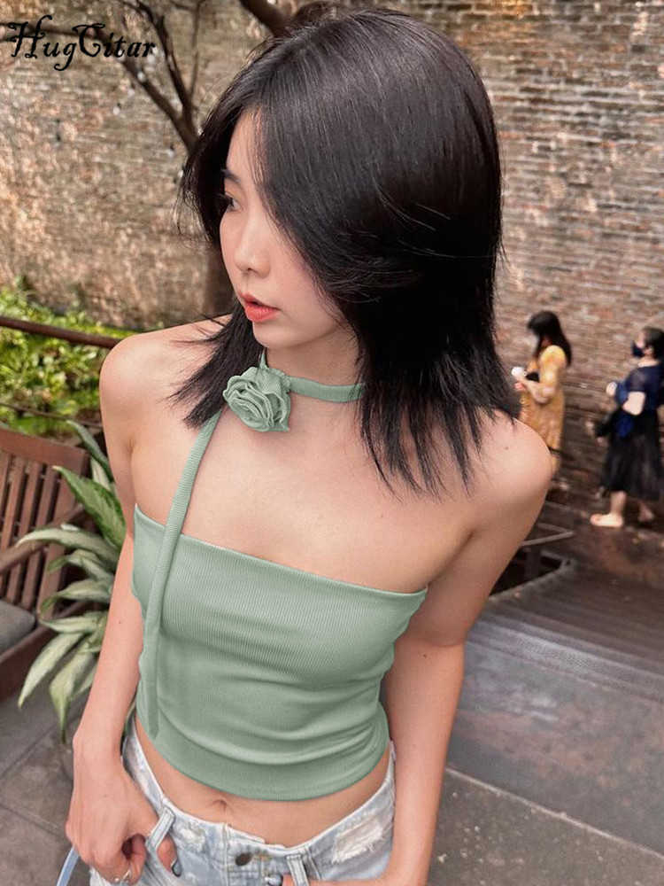 RUKAS Ribbed Pure Color Flower Scarf Strapless Sexy Crop Tank Top 2023 Summer Women Kawaii Y2K Streetwear Vacation Clothes