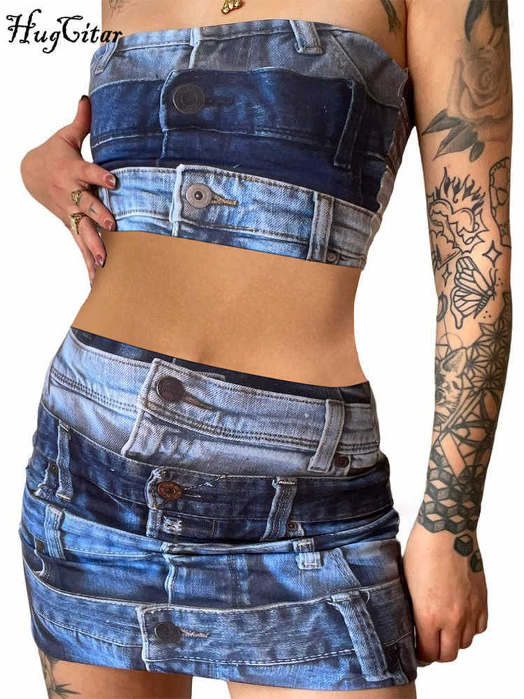 RUKAS Strapless Vintage Print Sexy Slim Crop Tube Top Skirts 2 Piece Sets 2023 Summer Fashion Y2K Streetwear Party Outfit