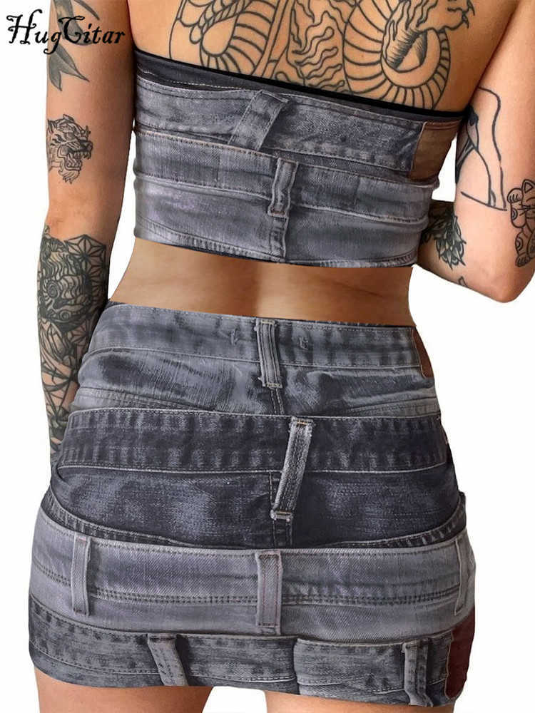 RUKAS Strapless Vintage Print Sexy Slim Crop Tube Top Skirts 2 Piece Sets 2023 Summer Fashion Y2K Streetwear Party Outfit