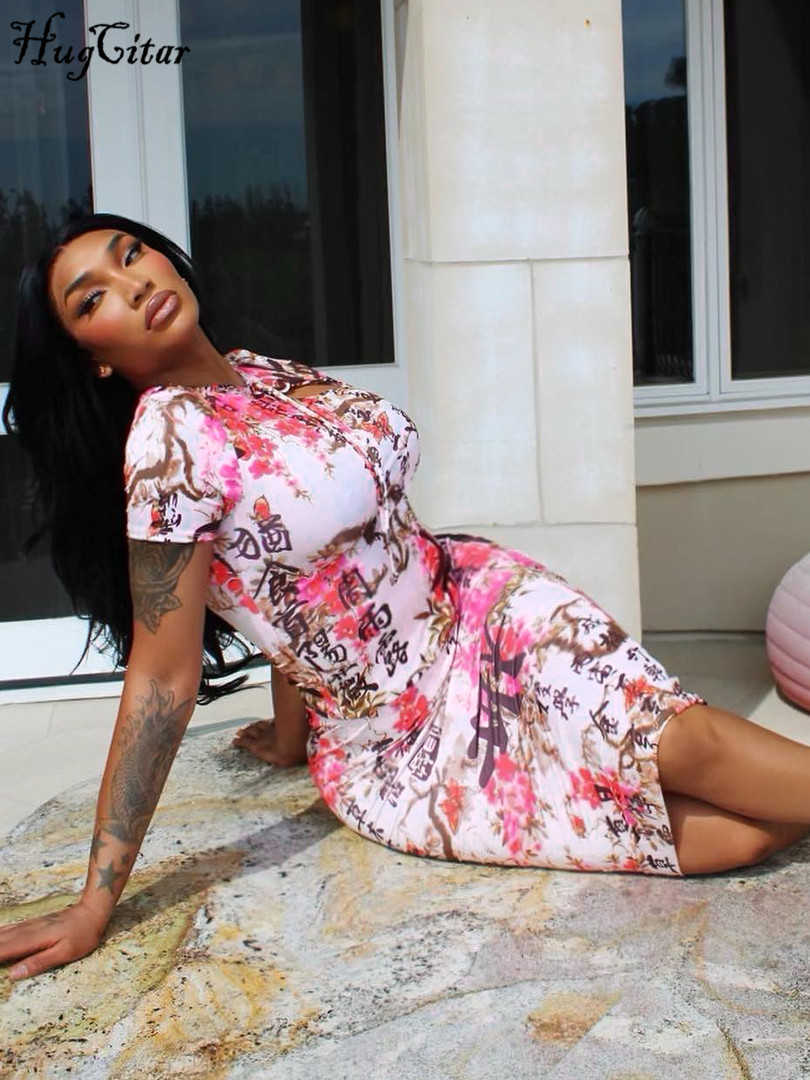 RUKAS Character Floral Print Short Sleeve Cut Out Bandage Sexy Slim Midi Dress 2023 Summer Women Cute Clothes Party Vacation