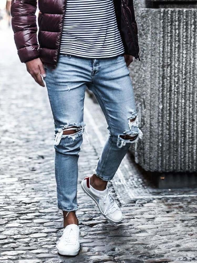 Men's Jeans Men Jeans Streetwear Knee Ripped Skinny Hip Hop Fashion Estroyed Hole Pants Solid Color Male Stretch Casual Denim Big Trousers 230516