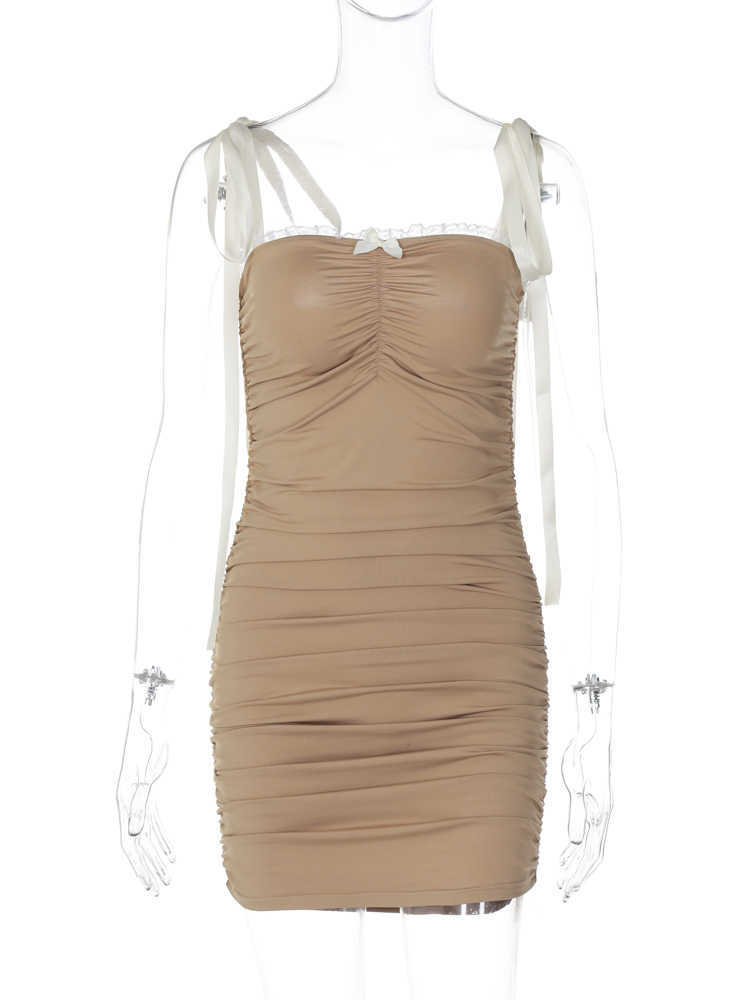 RUKAS Solid Sleeveless Slips Patchwork Lace Bow Ruched Sexy Elegant Slim Mini Prom Dress 2023 Summer Birthday Party Clothes