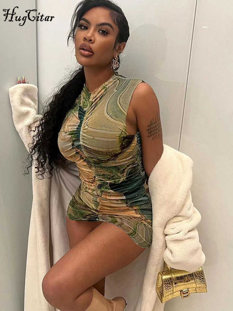 RUKAS Women Fashion Tie Dye Sleeveless Pleated Sexy Bodycon Slim Mini Dress 2023 Summer Y2K Outfit Streetwear Party Nightclub