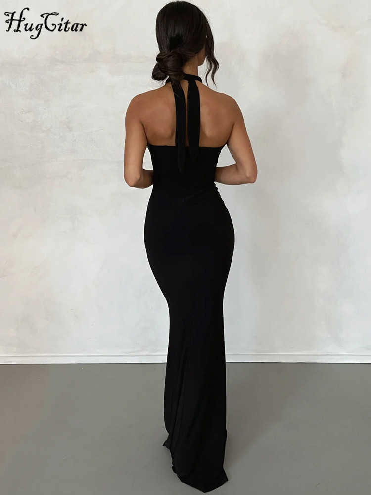 RUKAS Women Elegant Halter Sleeveless Solid Hollow Out Sexy Bodycon Maxi Prom Dress 2023 Summer Y2K Clothes Wedding Party