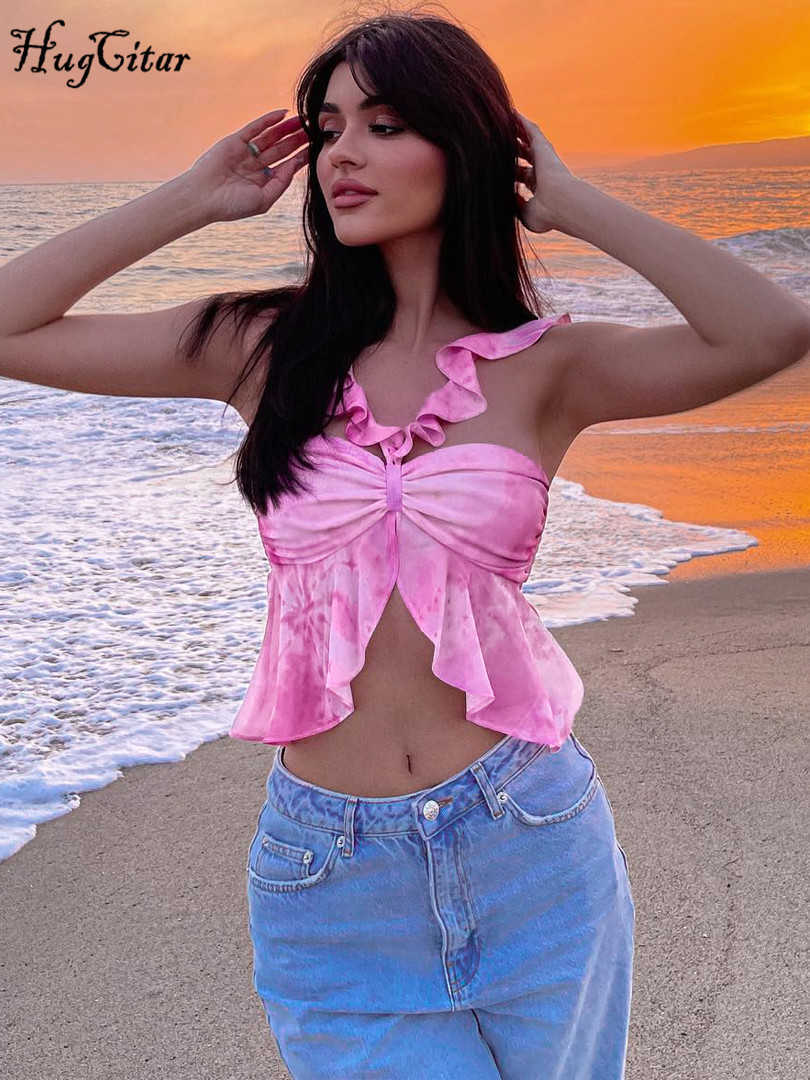 RUKAS Ruffles Tie Dye Slips Draped Hollow Out Kawaii Sexy Crop Camis 2023 Summer Women Fashion Beach Vacation Y2K Outfit