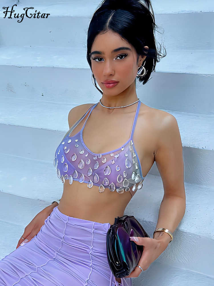 RUKAS Mesh Halter Backless Solid Crystal Lace Up Sexy See Through Crop Camis Women Summer Fashion Beach Vacation Y2K Outfit