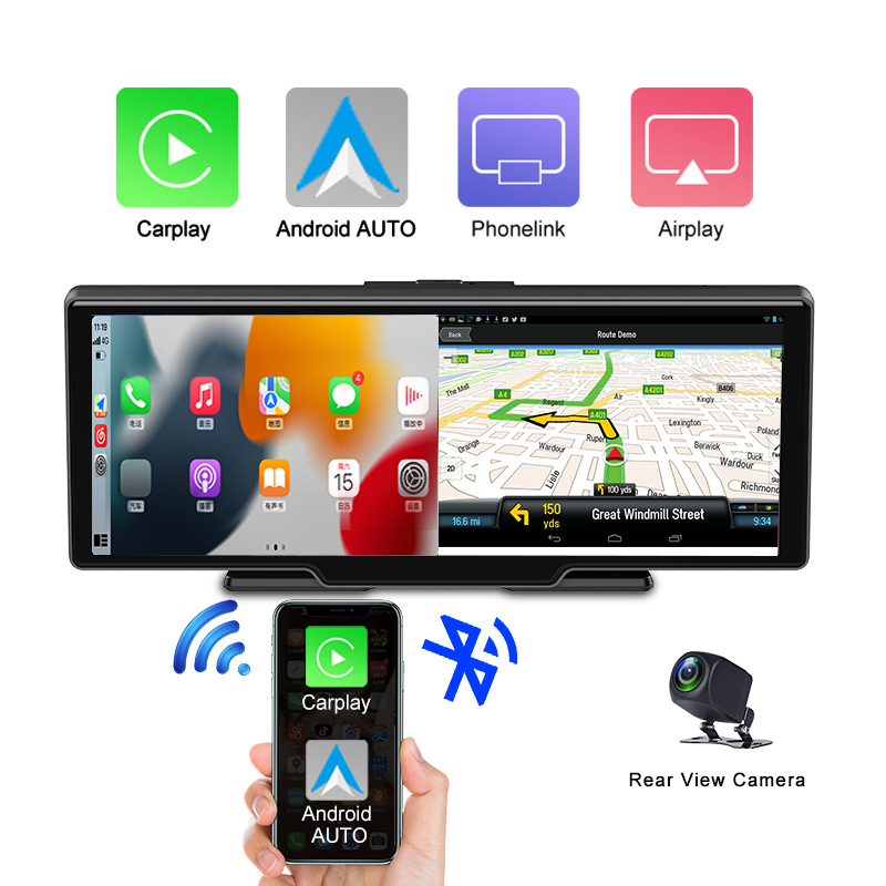 10.26 inch Car Apple CarPlay Compatible Android Auto Dash Cam with 4K Front and 2160P Rear Cameras - WIFI, Bluetooth Connectivity, Loop Recording, Pho