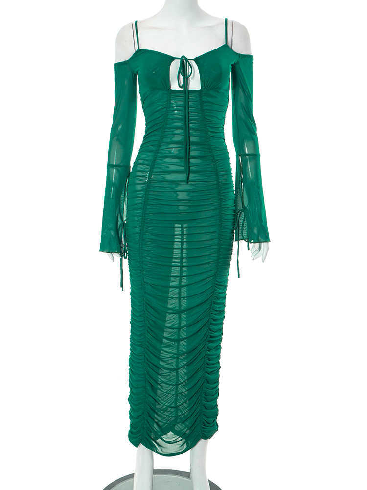 RUKAS Solid Slips Long Sleeves Lace Up Sexy See Through Slim Maxi Dress 2023 Summer Women Y2K Beach Party Nightclub Outfit