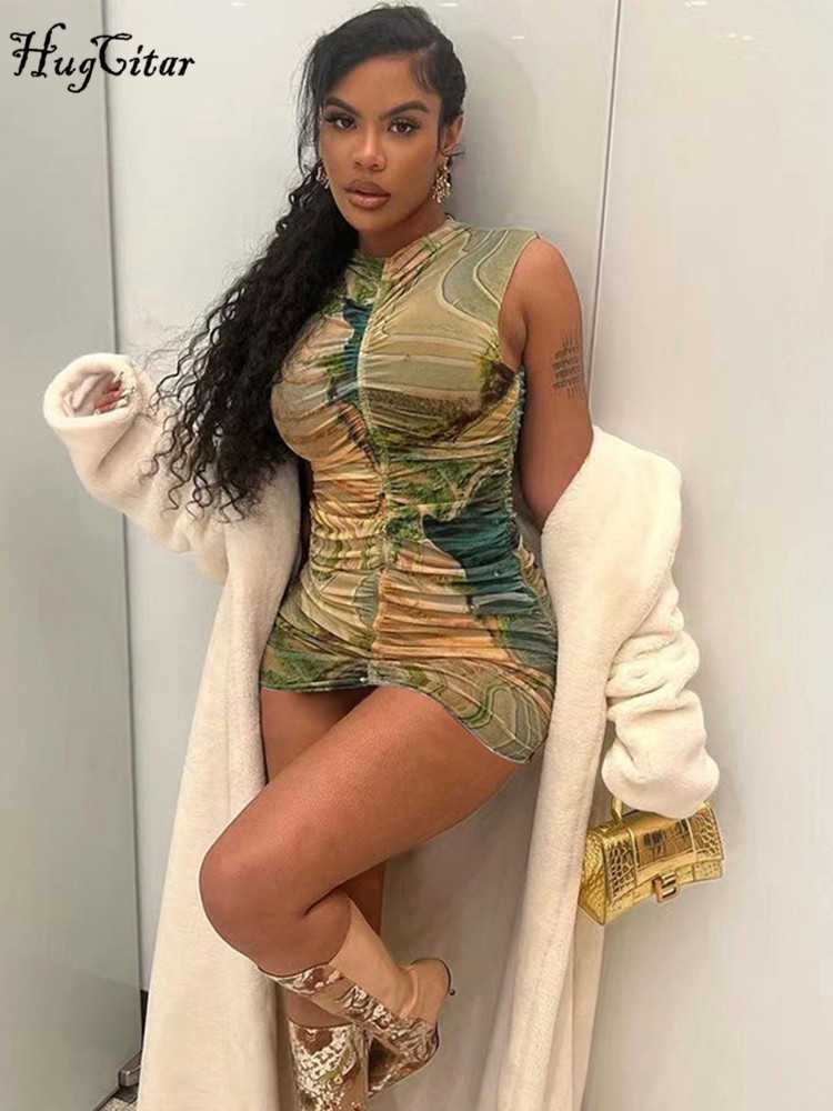 RUKAS Women Fashion Tie Dye Sleeveless Pleated Sexy Bodycon Slim Mini Dress 2023 Summer Y2K Outfit Streetwear Party Nightclub