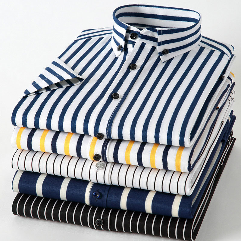 Men's Casual Shirts Summer Short Sleeve Men Striped Dress Shirts Button-down Neck Fashion Stretch Soft Regular Fit Work Social Smart Casual Shirt