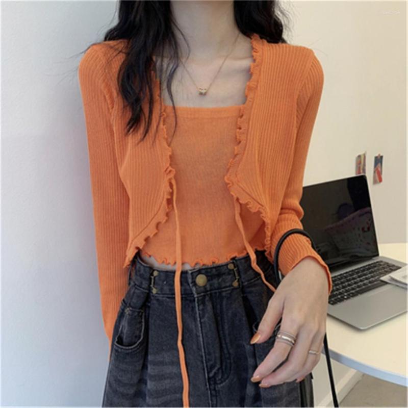 Womens Sweaters 2024 Patched One-piece Cropped Pullovers Ruffles Full Sleeve Laced Sweater Shirts Crop Tops For Female