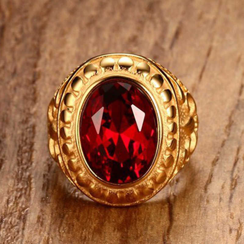 Band Rings Men's Red Stone Round Rhinestone Gold-Color Stainless Steel Fashiong Ring Utr8233 J230517