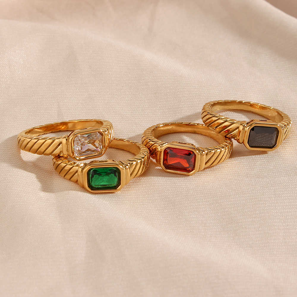 Band Rings 2021 New Thin Ring Band Texture Engraved Small Square 3A Cubic Zirconia Stone Ring Blk White Green Red Gemstone Ring J230517