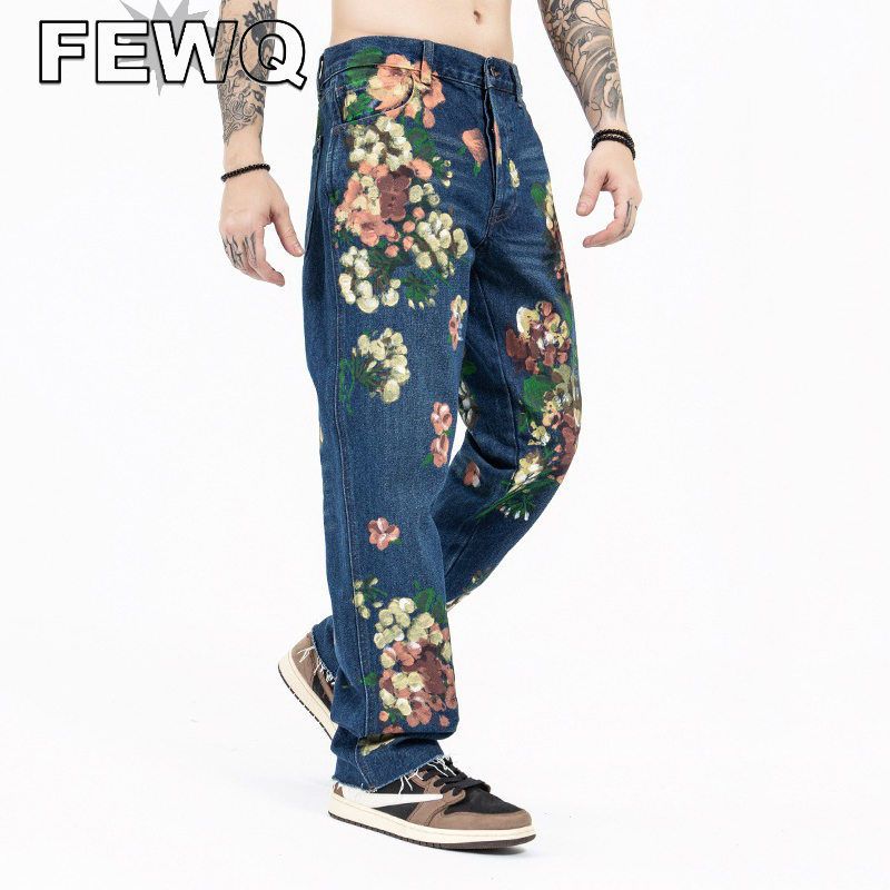 Mens Jeans FEWQ Floral Graffiti Jaens High Street Malee Vintage Personalized Y2k Denim Pants Straight Casual 24B2525 230516