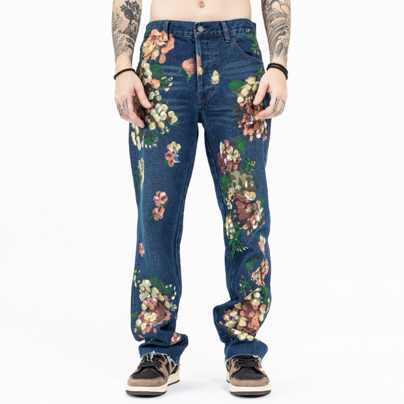 Mens Jeans FEWQ Floral Graffiti Jaens High Street Malee Vintage Personalized Y2k Denim Pants Straight Casual 24B2525 230516