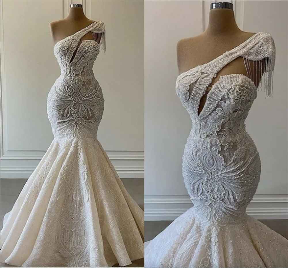 One Shoulder Mermaid Lace Wedding Dress with Pearls and Tassels